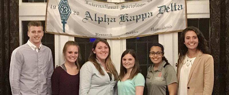 The class of 2016-2017 sociology honors fraternity, AKD (L to R) Ian Kovacs, Brittany Lally, Liza Faulkner, Paige Wilt, Kia Hutchens, and Veronica Groebner
