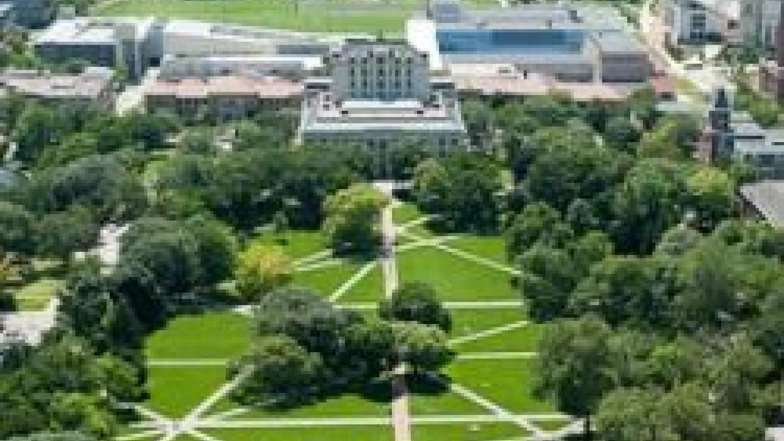 aerial of the Oval towards Thompson Library