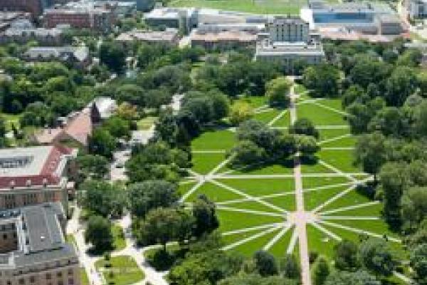 aerial of the Oval towards Thompson Library