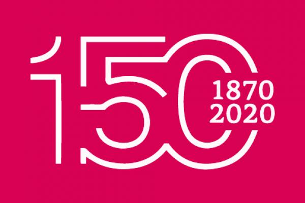 OSU's Sesquicentennial Anniversary is in 2020 Red box with white letters, the number 150 relating to the Sesquicentennial Anniversary, and the year 1870 when the university was founded and 2020 the 150th anniversary
