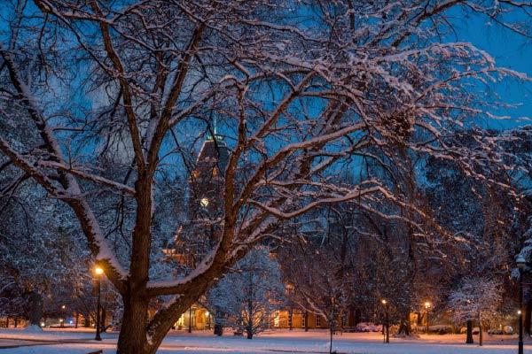 evening photo of the Oval and University Hall in winter time