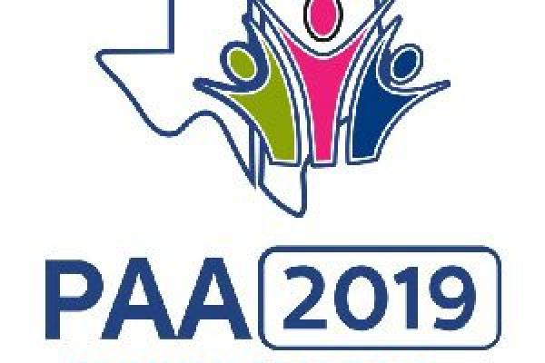 Logo with three body-like shapes reaching upward, next to the dates/year and the words PAA Conference