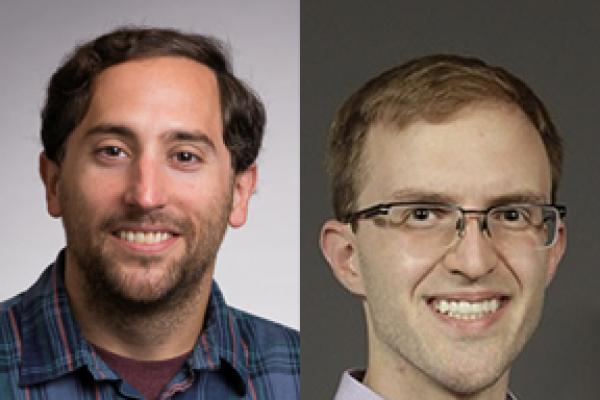 Side by side images of white men smiling at the camera