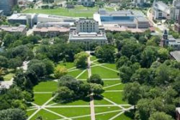 aerial of the Oval towards Thompson Library